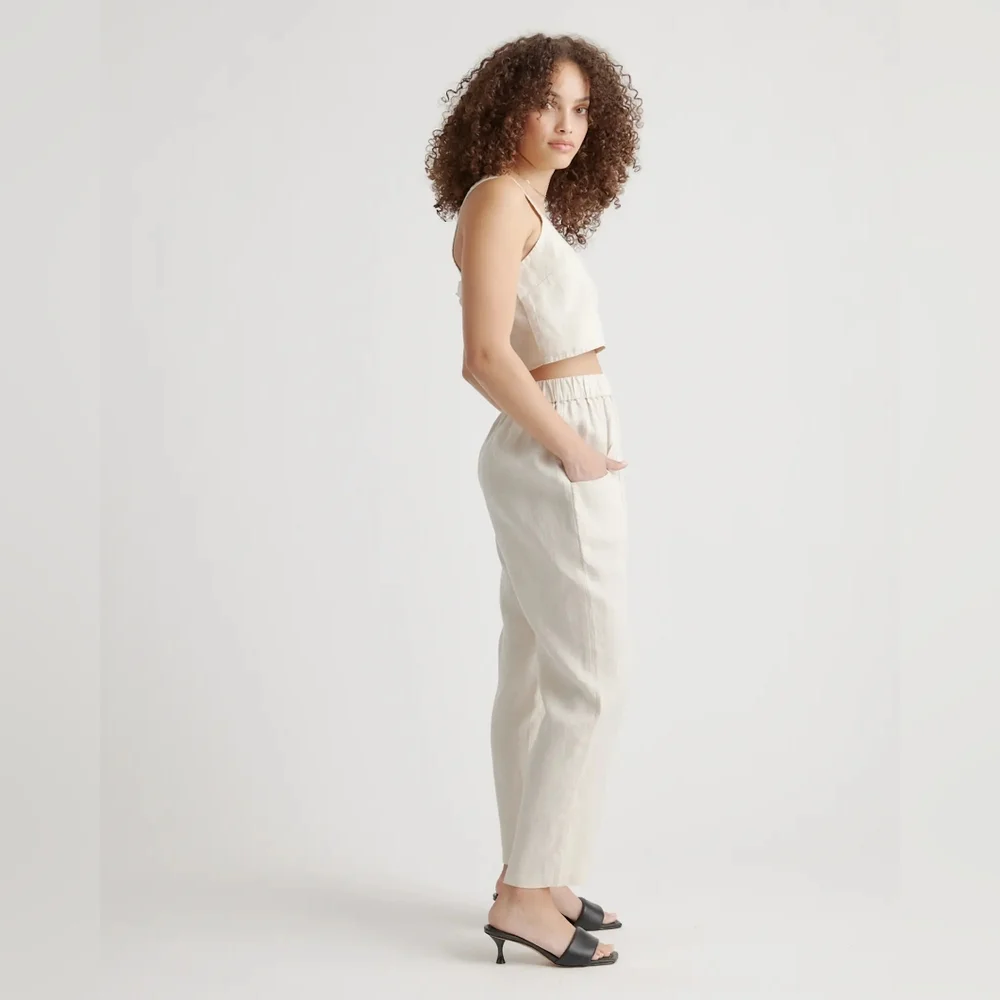 Linen-Blend Cream High-Waist Pants